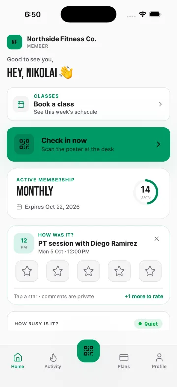 Member app home: book a class and check in