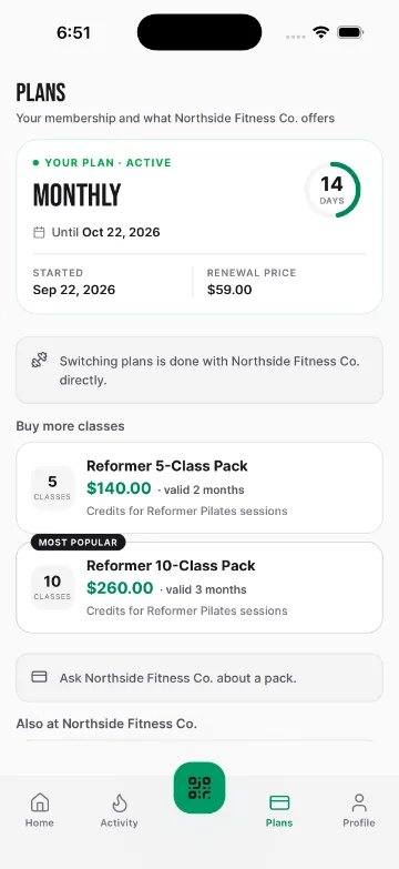 Member app: current plan and class packs to buy