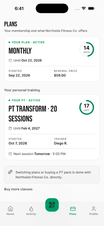 Member app plans: membership and PT package with days and sessions left