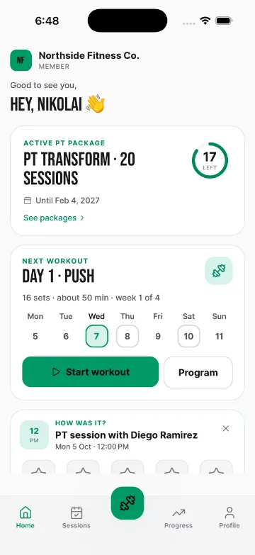 Client app home: PT package with sessions left and the next workout