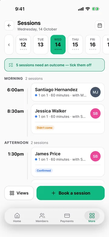 Owner app: today's PT sessions by trainer, with Book a session